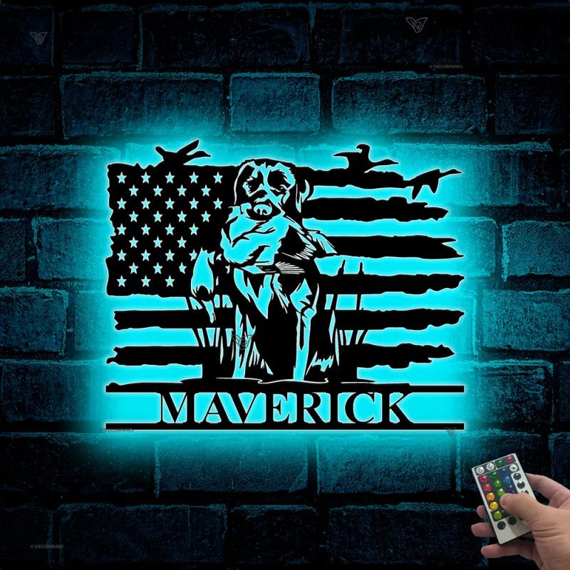 Custom Us Flag Labrador Dog Hunting Metal Wall Art Led Lights, Personalized Duck Hunter Metal Name Sign, Dog Hunter Man Cave Metal Wall Sign