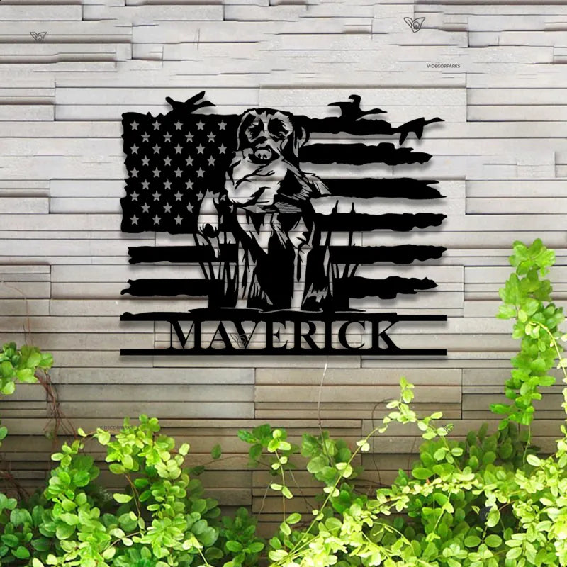 Custom Us Flag Labrador Dog Hunting Metal Wall Art Led Lights, Personalized Duck Hunter Metal Name Sign, Dog Hunter Man Cave Metal Wall Sign