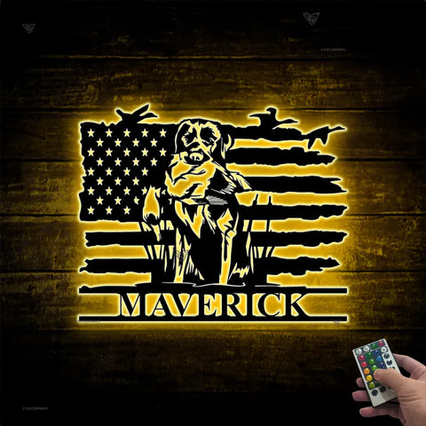 Custom Us Flag Labrador Dog Hunting Metal Wall Art Led Lights, Personalized Duck Hunter Metal Name Sign, Dog Hunter Man Cave Metal Wall Sign