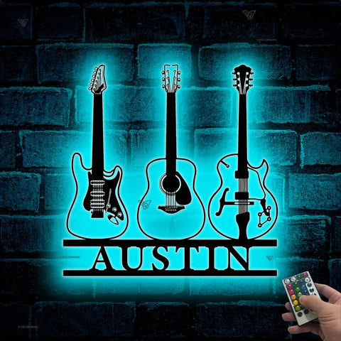 Custom Guitar Musical Instrument Metal Wall Art Led Lights, Personalized Guitar Shop Metal Name Sign, Guitar Music Studio Metal Wall Sign