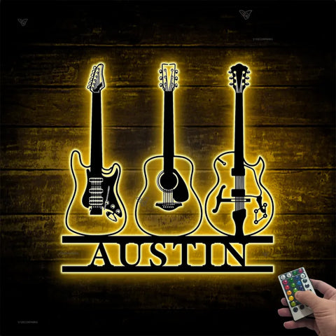 Custom Guitar Musical Instrument Metal Wall Art Led Lights, Personalized Guitar Shop Metal Name Sign, Guitar Music Studio Metal Wall Sign