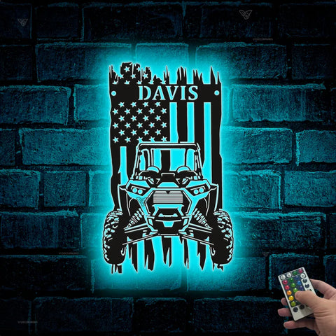 Custom Us Quad Biker Metal Wall Art Led Lights, Personalized Us Flag Utv 4 Wheels Metal Sign, Terrain Vehicle Atv Metal Man Cave Garage Wall Sign