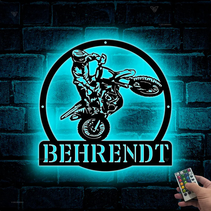 Custom Dirt Bike Metal Wall Art With Led Lights, Personalized Motocross Rider Metal Name Sign, Motorcycle Biker Metal Wall Led Decor