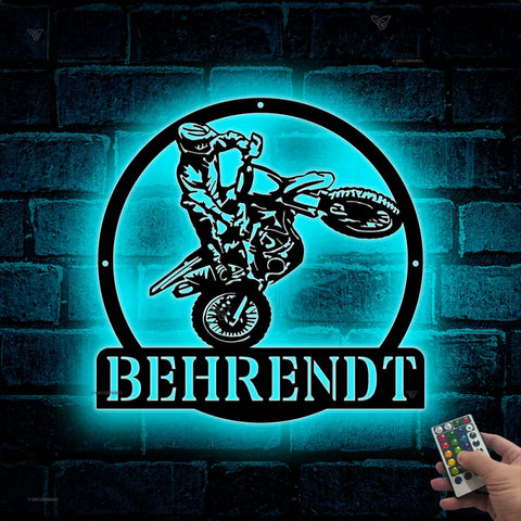 Custom Dirt Bike Metal Wall Art With Led Lights, Personalized Motocross Rider Metal Name Sign, Motorcycle Biker Metal Wall Led Decor