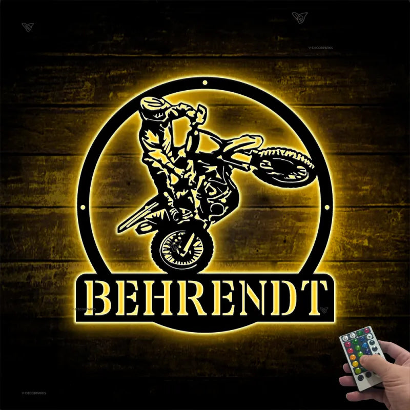 Custom Dirt Bike Metal Wall Art With Led Lights, Personalized Motocross Rider Metal Name Sign, Motorcycle Biker Metal Wall Led Decor