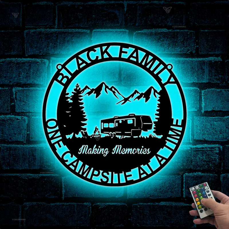 Personalized Forest Camping Rv Metal Sign Led Lights, Camping Car Fire Pit Metal Wall Art, Custom Campsite Campfire Mountain Secene Metal Wall Sign
