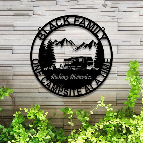 Personalized Forest Camping Rv Metal Sign Led Lights, Camping Car Fire Pit Metal Wall Art, Custom Campsite Campfire Mountain Secene Metal Wall Sign