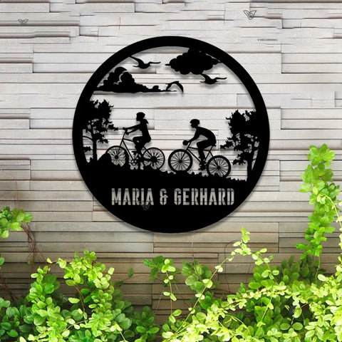 Custom Mountain Biking Metal Wall Art Led Lights, Personalized Couple Biker Name Metal Sign, Biker Metal Name Sign, Cycling Metal Wall Art