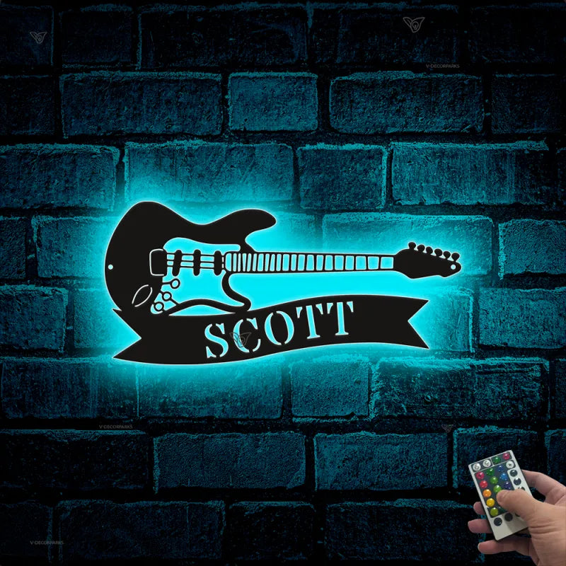 Custom Guitar Musical Instrument Metal Wall Art Led Lights, Custom Guitar Music Studio Metal Wall Sign, Music Guitar Lovers Metal Name Sign