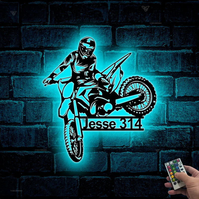 Custom Dirt Bike Metal Wall Art With Led Lights, Personalized Motocross Rider Metal Name Sign, Motorcycle Biker Metal Wall Led Decor