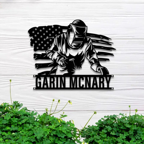 Custom Us Flag Welding Metal Wall Art Led Light, Personalized Welder Name Metal Sign, Ironworker Man Cave Welding Metal Wall Decor