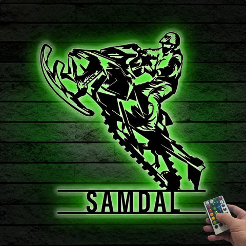 Custom Snowmobile Metal Wall Art Led Lights, Personalized Motor Sled Biker Name Sign, Man Riding Snowmobile Garage Metal Wall Sign