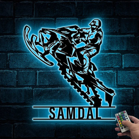 Custom Snowmobile Metal Wall Art Led Lights, Personalized Motor Sled Biker Name Sign, Man Riding Snowmobile Garage Metal Wall Sign