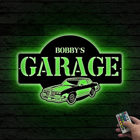 Personalized Name Garage Metal Sign With Led Lights, Custom Mancave Garage Metal Wall Art, Custom Garage Metal Name Sign