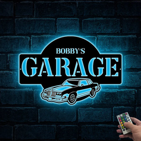 Personalized Name Garage Metal Sign With Led Lights, Custom Mancave Garage Metal Wall Art, Custom Garage Metal Name Sign