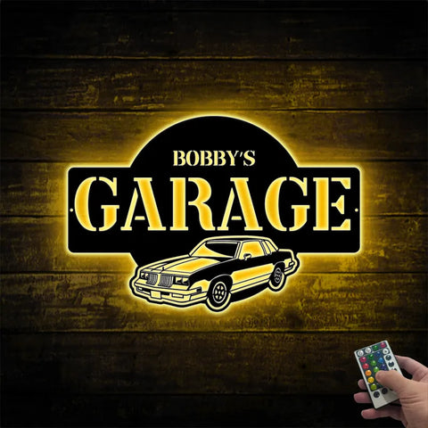 Personalized Name Garage Metal Sign With Led Lights, Custom Mancave Garage Metal Wall Art, Custom Garage Metal Name Sign