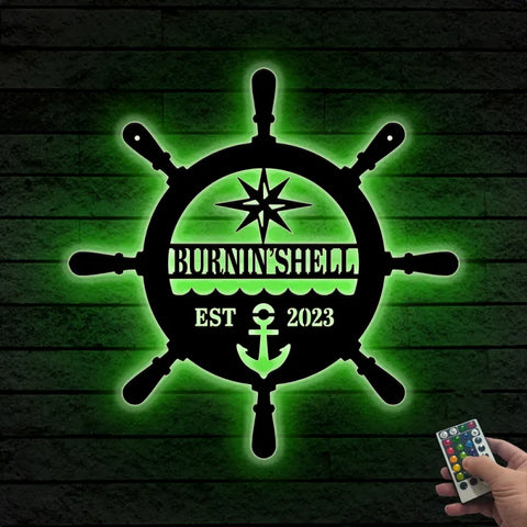 Custom Ship Wheel Nautical Metal Wall Art Led Light, Personalized Yacht Ship Metal Name Sign, Pirate Ship Wheel Metal Beach House Decor