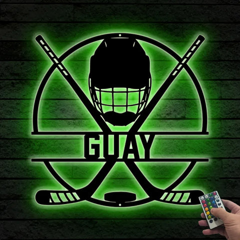 Custom Ice Hockey Metal Wall Art Led Light, Personalized Hockey Player Metal Name Sign, Hockey Sticks And Helmet Led Metal Sign