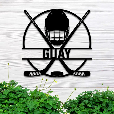 Custom Ice Hockey Metal Wall Art Led Light, Personalized Hockey Player Metal Name Sign, Hockey Sticks And Helmet Led Metal Sign