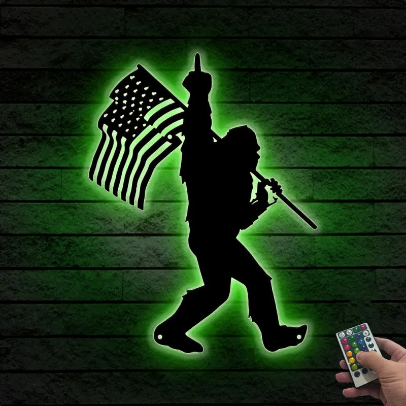 Bigfoot Middle Finger Us Flag Metal Wall Art With Led Lights, Us Flag Sasquatch Led Metal Sign, Walking Bigfoot Metal Lodge Cabin Decor