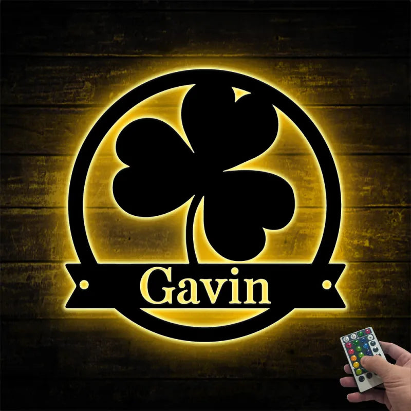 Custom Clover Leaf Metal Wall Art With Led Light, Personalized Clover Metal Name Sign, Shamrock Lucky Irish Metal Wall Led Sign