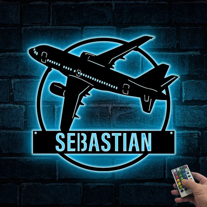 Custom Airplane Metal Wall Art Led Light, Personalized Airplane Pilot Metal Name Sign, Aircraft Hangar Kids Room Metal Wall Sign