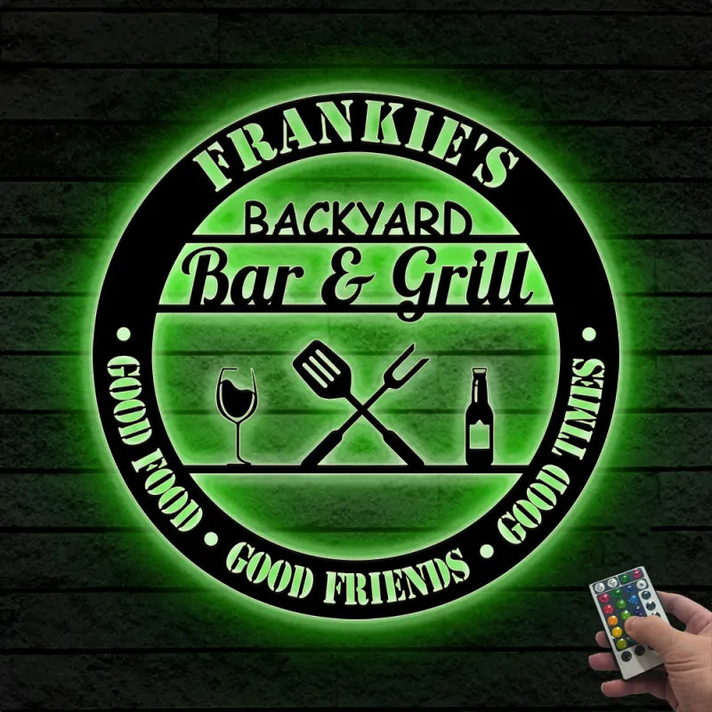 Personalized Bar & Grill Metal Wall Art With Led Lights, Backyard Bar And Grill Metal Sign, Custoom Metal Backyard Patio Name Sign