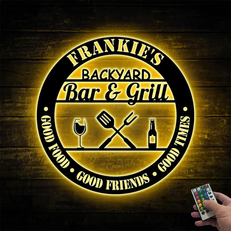 Personalized Bar & Grill Metal Wall Art With Led Lights, Backyard Bar And Grill Metal Sign, Custoom Metal Backyard Patio Name Sign