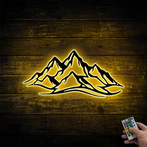 Mountain Metal Wall Art With Led Light, Mountain Scene Metal Led Sign, Mountain Mancave Cabin Metal Wall Led Decor