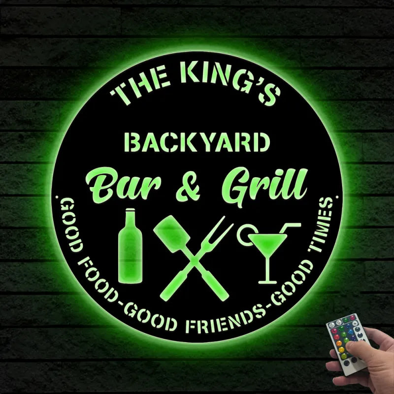 Personalized Bar & Grill Metal Wall Art Led Lights, Backyard Bar And Grill Metal Sign, Custoom Metal Backyard Patio Name Sign