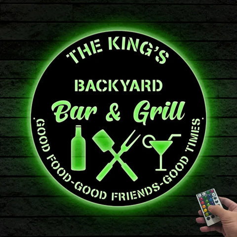 Personalized Bar & Grill Metal Wall Art Led Lights, Backyard Bar And Grill Metal Sign, Custoom Metal Backyard Patio Name Sign