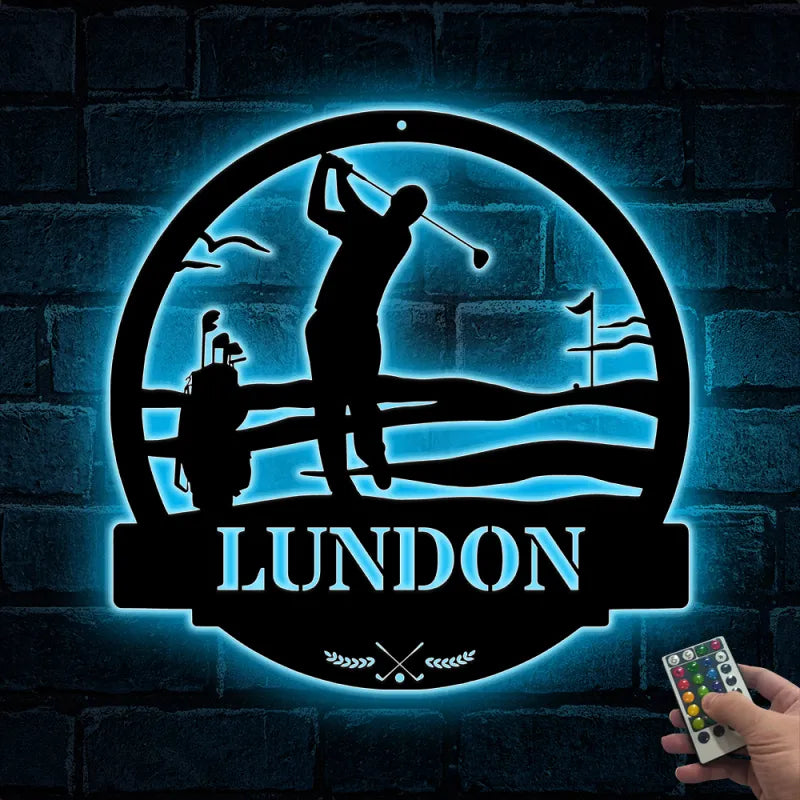 Custom Golfing Metal Wall Art With Led Light, Personalized Golfer Metal Name Sign, 19th Hole Golf Club Patio Metal Led Sign