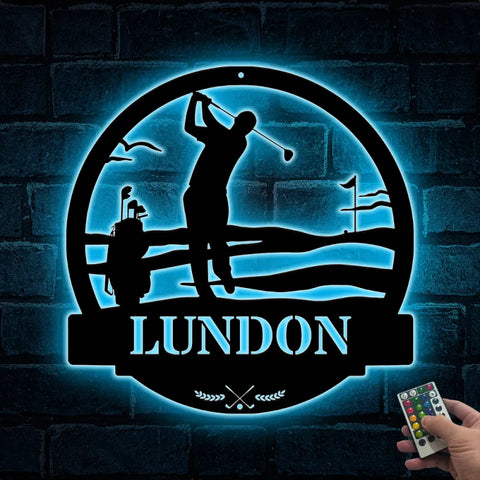 Custom Golfing Metal Wall Art With Led Light, Personalized Golfer Metal Name Sign, 19th Hole Golf Club Patio Metal Led Sign