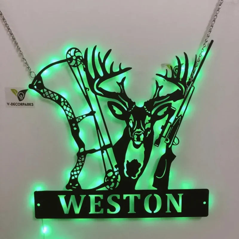 Custom Deer Bow Hunting Metal Wall Art With Led Lights, Personalized Deer Hunter Name Metal Sign, Deer Hunting Metal Decor, Deer Hunting Metal Sign