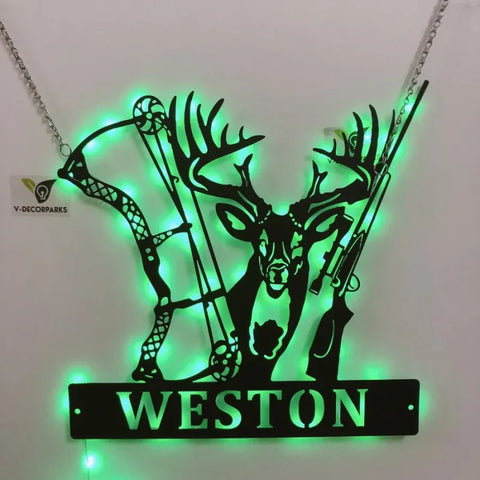 Custom Deer Bow Hunting Metal Wall Art With Led Lights, Personalized Deer Hunter Name Metal Sign, Deer Hunting Metal Decor, Deer Hunting Metal Sign
