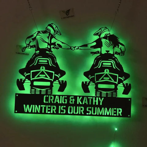 Custom Couple Snowmobile Metal Wall Art With Led Lights, Snowmobile Metal Wall Decor, Personalized Couple Name Metal Sign, Winter Games Metal Sign