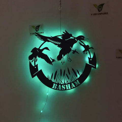 Personalized Duck Hunting Metal Sign Led Lights, Flying Mallard Duck Hunting Sign, Custom Hunter Name Metal Sign, Duck Cabin Metal Wall Decor