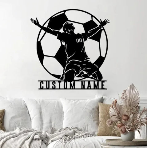 Personalized Man Soccer Metal Wall Art Led Lights, Custom Soccer Ball Metal Sign, Custom Soccer Player Name Metal Sign