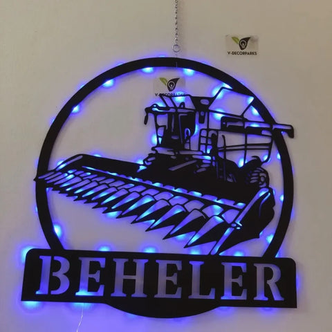 Personalized Harvester Farm Tractor Metal Sign Art Led Lights, Harvester Farm Metal Wall Hanging, Custom Farmhouse Tractor Metal Name Sign