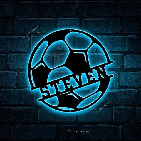 Custom Soccer Ball Metal Wall Art With Led Light, Personalized Soccer Player Name Sign Decoration For Room, Soccer Ball Metal Led Decor