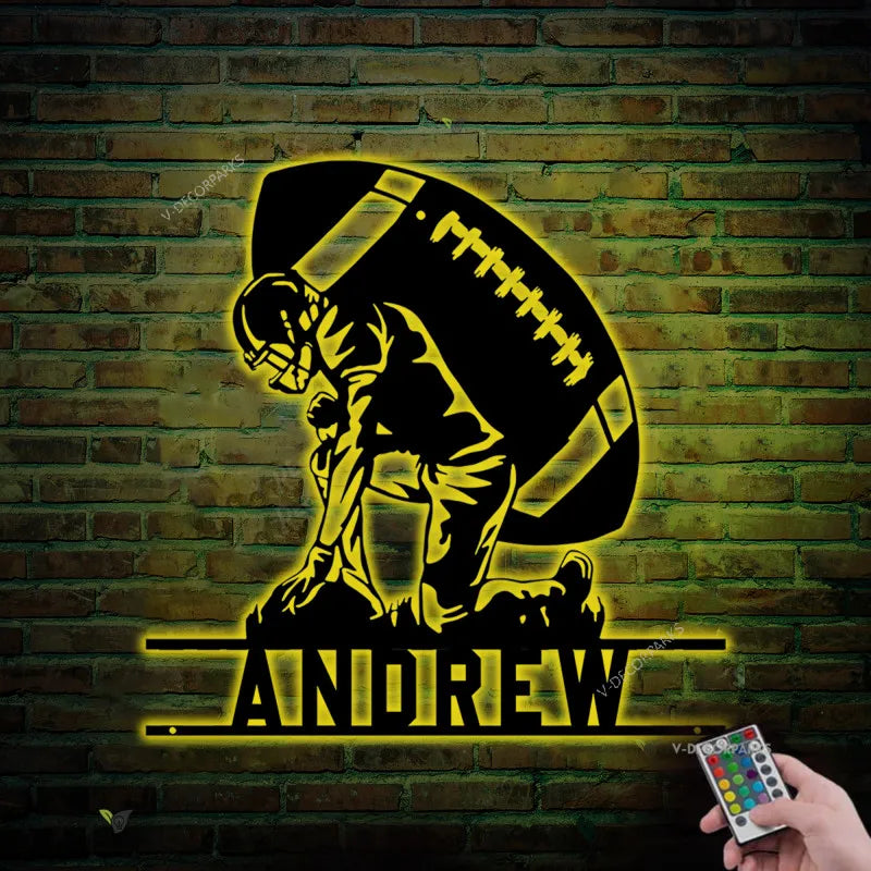 Custom Football Player Metal Wall Art With Led Light, Personalized Football Player Name Sign Decoration For Room, Football Metal Led Decor