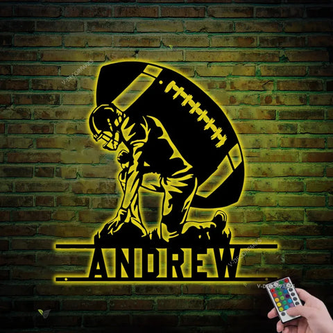 Custom Football Player Metal Wall Art With Led Light, Personalized Football Player Name Sign Decoration For Room, Football Metal Led Decor