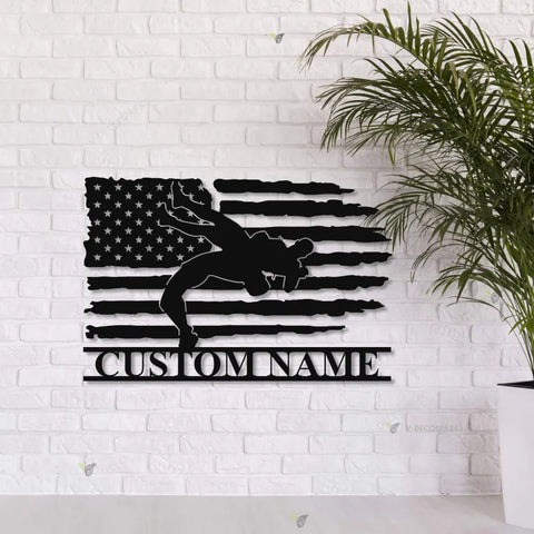 Custom Wrestling Us Flag Metal Wall Art Led Light Personalized American Wrestler Name Sign Home Decor Wrestle Decoration Man Cave Birthday