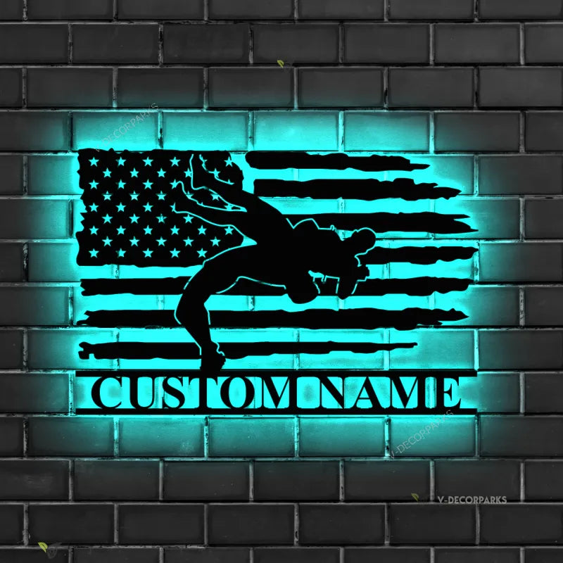 Custom Wrestling Us Flag Metal Wall Art Led Light Personalized American Wrestler Name Sign Home Decor Wrestle Decoration Man Cave Birthday