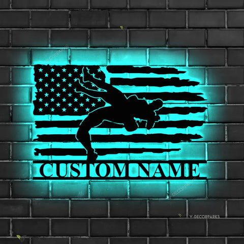 Custom Wrestling Us Flag Metal Wall Art Led Light Personalized American Wrestler Name Sign Home Decor Wrestle Decoration Man Cave Birthday