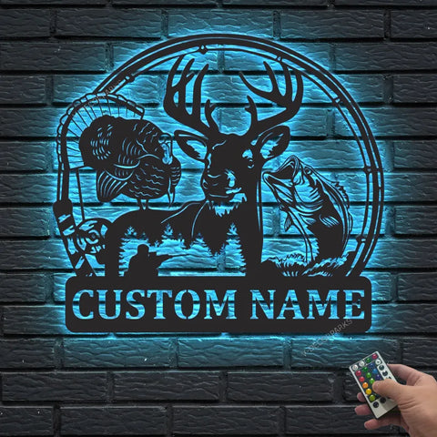 Custom Deer Turkey And Bass Fishing Metal Wall Art Led Light Personalized Hunter Name Sign Home Decor Cabin Decoration Housewarming Xmas