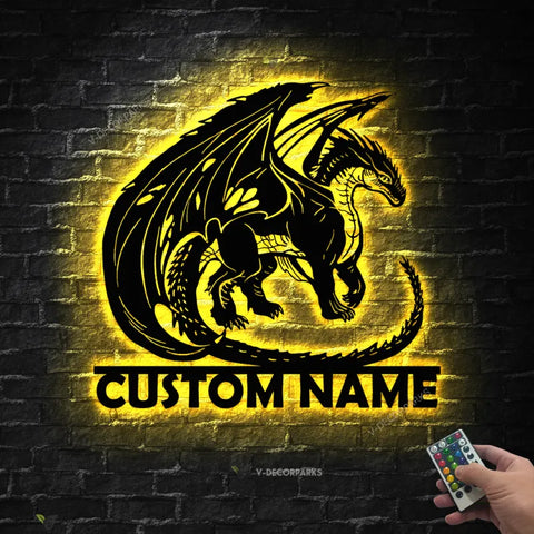 Dragon Metal Wall Art With Led Lights Personalized/ Custom Name Dragon Metal Sign, Dragon Gifts Funny, Boy Room Decor Dragon Lover Gift