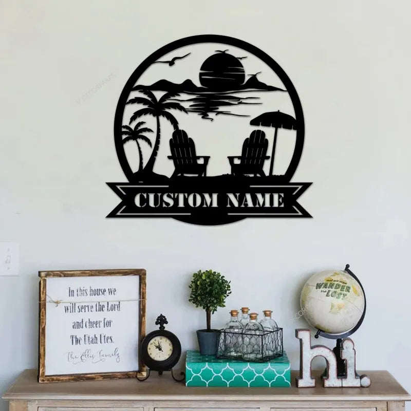 Personalized Sunset Beach Scene Monogram, Metal Beach Sign With Led Light, Custom Address Sign, Beach House Sign, Custom Name Sign