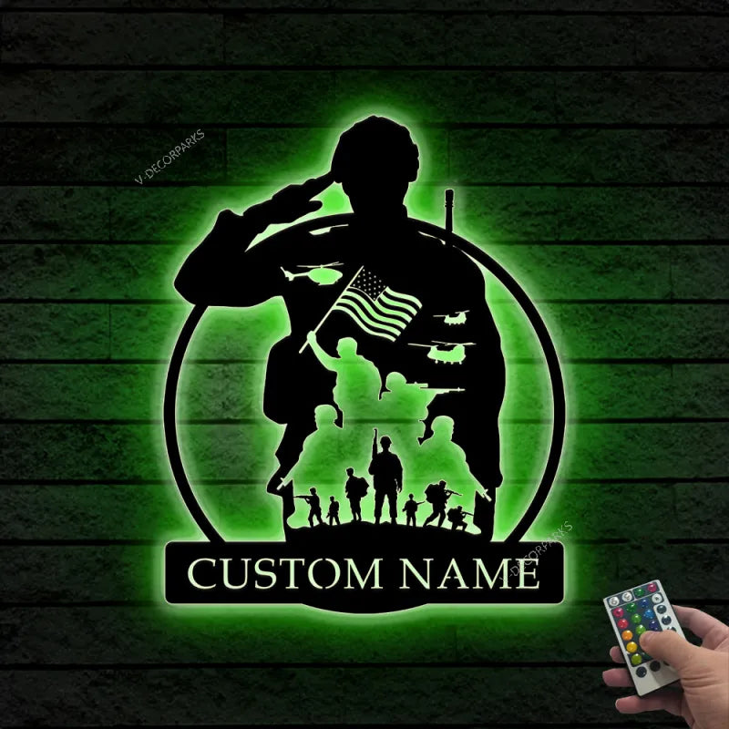 Custom Us Soldier Military Metal Wall Art Led Light, Personalized American Army Name Sign, Metal Veteran Sign, Soldier Led Light Decor, Gift For Dad
