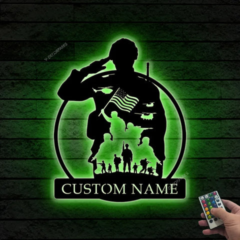 Custom Us Soldier Military Metal Wall Art Led Light, Personalized American Army Name Sign, Metal Veteran Sign, Soldier Led Light Decor, Gift For Dad